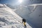 Freeride snowboarder sliding on the mountain slope