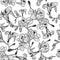 Freesia seamless vector pattern. Hand drawn floral elements of black flowers on a white background.
