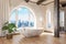 freestanding bath in lightflooded downtown loft apartment minimalistic interior design relaxation and spa concept 3D