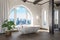 freestanding bath in lightflooded downtown loft apartment minimalistic interior design relaxation and spa concept 3D