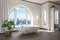 freestanding bath in lightflooded downtown loft apartment minimalistic interior design relaxation and spa concept 3D