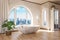 freestanding bath in lightflooded downtown loft apartment minimalistic interior design relaxation and spa concept 3D