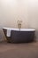 Freestanding bathtub in dark gray color, golden faucet mixer in retro style. Stylish bathroom luxury interior design