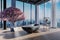 Freestanding dark granite bathtub in large loft apartment; luxury interior with indoor cherryblossom tree and panoramic skyline