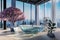 Freestanding glass bathtub in large loft apartment; luxury interior with indoor cherryblossom tree and panoramic skyline view; 3D