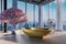 Freestanding gold bathtub in large loft apartment; luxury interior with indoor cherryblossom tree and panoramic skyline view; 3D