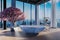 Freestanding marble bathtub in large loft apartment; luxury interior with indoor cherryblossom tree and panoramic skyline view; 3D