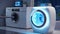 Freestanding washer-dryer, a futuristic concept for exhibitions and shows. Digital control washing mashine