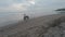 Freestyle drone around couple riding motorbike on tropical beach black sand enjoy