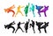 Freestyle wrestling, boxing, kickboxing, muay thai, karate, taekwondo, mixed martial arts vector colorful people silhouettes.