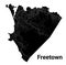 Freetown, Sierra Leone map. Detailed black map of Freetown city poster with roads. Cityscape urban vector. Black land with white