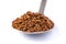 Freeze dried coffee. Metal spoon with granulated Instant Coffee close-up on white