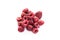 Freeze dried raspberries on a white background.