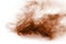 Freeze motion of brown dust explosion. Stopping the movement of brown powder. Explosive brown powder on white background