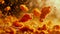 Freeze motion of flying pieces of fried chicken pieces on golden background. Concept of levitating food