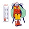 Freezing Character Wrapped in Warm Winter Clothes, Hat and Boots Sit in Armchair with Thermometer Show Low Temperature