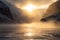 freezing fiord during sunrise, with golden sunbeams shining through the mist