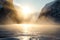freezing fiord during sunrise, with golden sunbeams shining through the mist