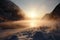 freezing fiord during sunrise, with golden sunbeams shining through the mist