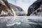 freezing fiord with towering cliffs, waterfalls and ice sculptures
