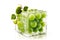 Freezing fruit. Ripe green grapes in an ice cube on a white background. Preservation of fruit in winter by freezing. Generative AI