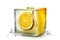 Freezing fruit. Ripe yellow lemon in an ice cube on a white background. Preservation of fruit in winter by freezing. Generative AI