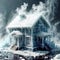 Freezing house, home building, cold frozen and covered with ice