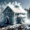 Freezing house, home building, cold frozen and covered with ice