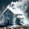 Freezing house, home building, cold frozen and covered with ice