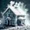 Freezing house, home building, cold frozen and covered with ice