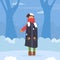 Freezing Man in Coat and Scarf Standing in Snowy Winter Vector Illustration
