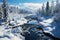 Freezing river in a snowy winter forest, snow and ice in nature, beautiful winter landscape, AI Generated