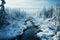 Freezing river in a snowy winter forest, snow and ice in nature, beautiful winter landscape, AI Generated