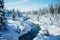 Freezing river in a snowy winter forest, snow and ice in nature, beautiful winter landscape, AI Generated