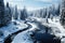 Freezing river in a snowy winter forest, snow and ice in nature, beautiful winter landscape, AI Generated