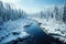 Freezing river in a snowy winter forest, snow and ice in nature, beautiful winter landscape, AI Generated