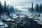 Freezing river in a snowy winter forest, snow and ice in nature, beautiful winter landscape, AI Generated