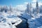 Freezing river in a snowy winter forest, snow and ice in nature, beautiful winter landscape, AI Generated