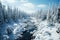 Freezing river in a snowy winter forest, snow and ice in nature, beautiful winter landscape, AI Generated