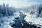 Freezing river in a snowy winter forest, snow and ice in nature, beautiful winter landscape, AI Generated