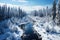 Freezing river in a snowy winter forest, snow and ice in nature, beautiful winter landscape, AI Generated