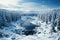 Freezing river in a snowy winter forest, snow and ice in nature, beautiful winter landscape, AI Generated