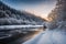 Freezing river in a snowy winter forest, snow and ice in nature, beautiful winter landscape, AI Generated