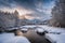 Freezing river in a snowy winter forest, snow and ice in nature, beautiful winter landscape, AI Generated