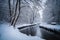 Freezing river in a snowy winter forest, snow and ice in nature, beautiful winter landscape, AI Generated