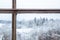 Freezing white winter landscape seen through a window glass with wooden frame