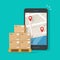 Freight or cargo delivery tracking or navigation route on mobile phone vector illustration, flat cartoon cellphone and