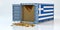 Freight Container with Greece flag filled with Gold bars. Some Gold bars scattered on the ground