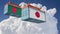 Freight Containers with Bangladesh and Japan flags.