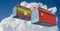 Freight containers with Myanmar and China national flags.